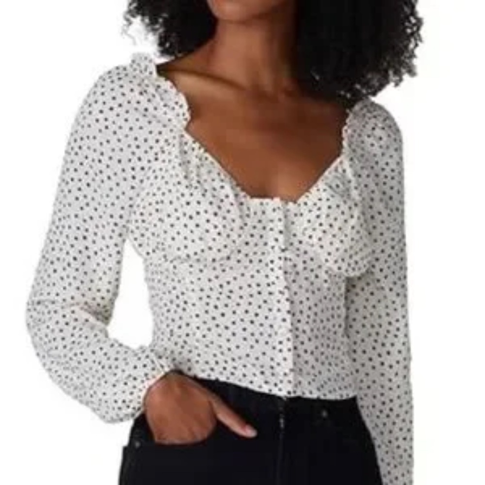 Parisian‎ Chic Polka Dot Sweetheart Neck Blouse Ivory Long Sleeve Top